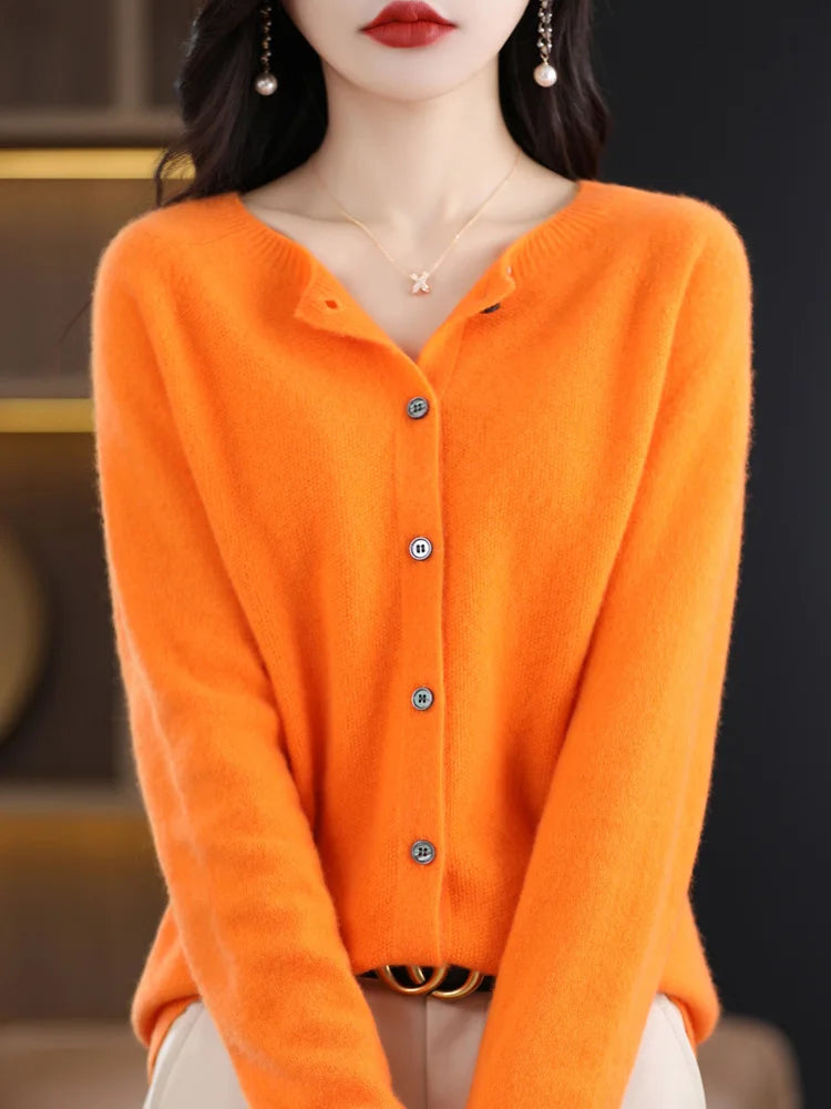 Aliselect Autumn Winter Women 100% Merino Wool Sweater O-Neck Tops Long Sleeve Basic Cashmere Knitwear Cardigan Clothing Coat Orange