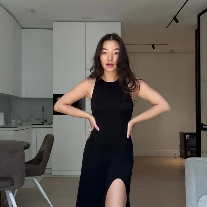Hirsionsan Sleeveless Autumn Winter Skinny Split Sweater Dresses Women Soft Elegant Solid Knit Dress Female New Clothing Black sleeveless