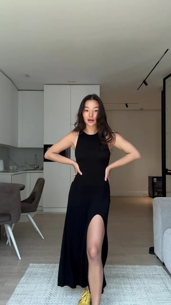 Hirsionsan Sleeveless Autumn Winter Skinny Split Sweater Dresses Women Soft Elegant Solid Knit Dress Female New Clothing Black sleeveless