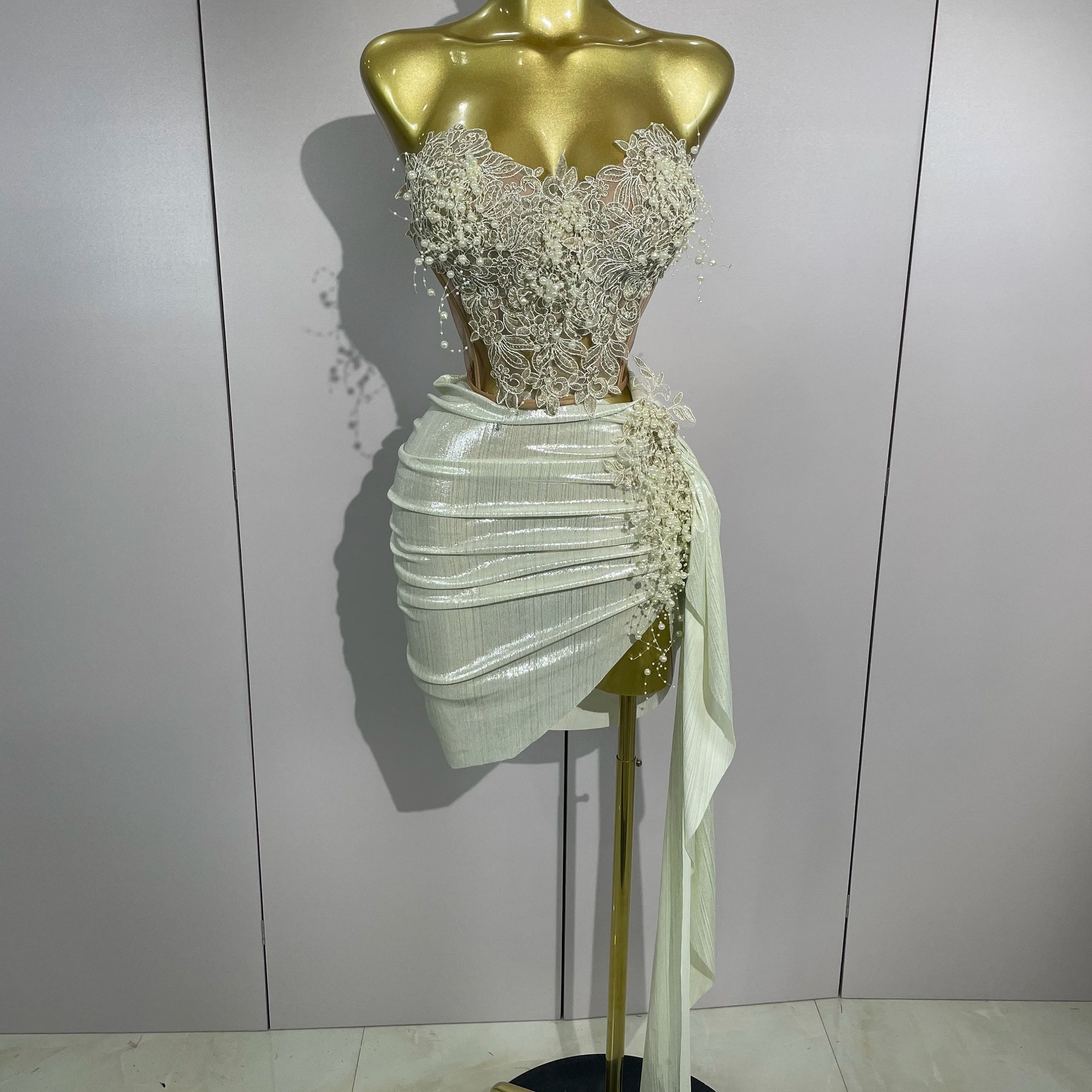 STOCK Luxury Shining Pearls Sexy Asymmetrical Skirt 2 PCS Set 2025 Women Evening Birthday Party Stage Dancer Performance Costume Beige