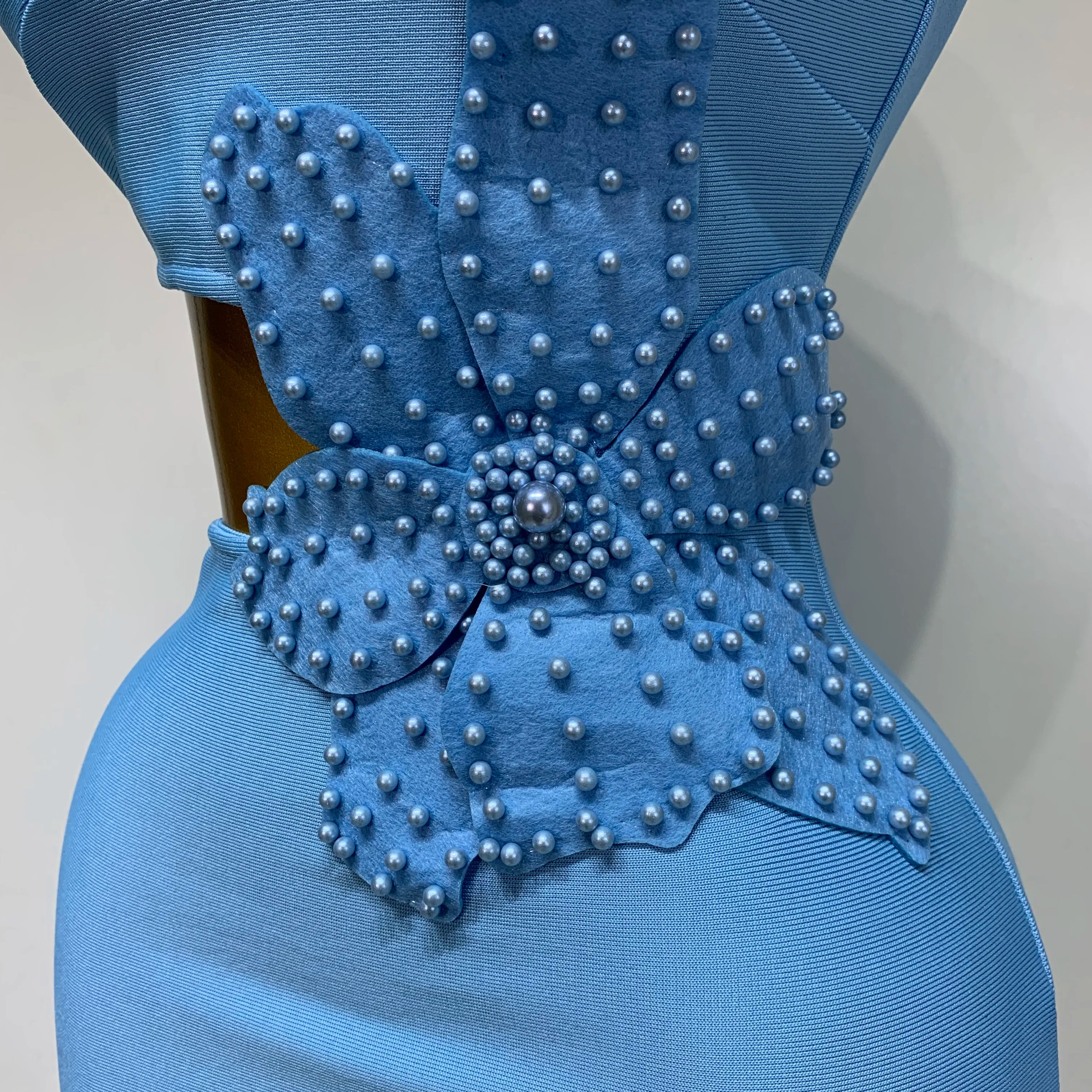 Women Sexy Luxury Birthday One Shoulder Pearl Sky Blue Bodycon Bandage Dress 2025 Celebrity Elegant Evening Club Party Outfit