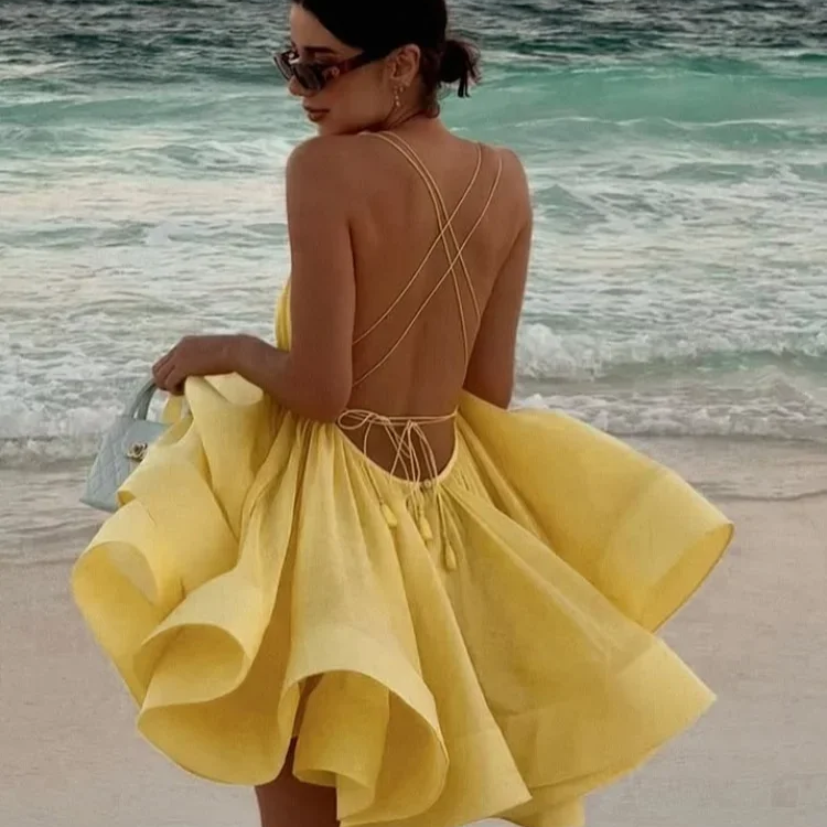 Elegant Yellow Pleated A-line Hem Mini Dress Women Sexy Sleeveless Open Back Lace-up Dresses Summer Lady Holiday Beach Vestidos Yellow