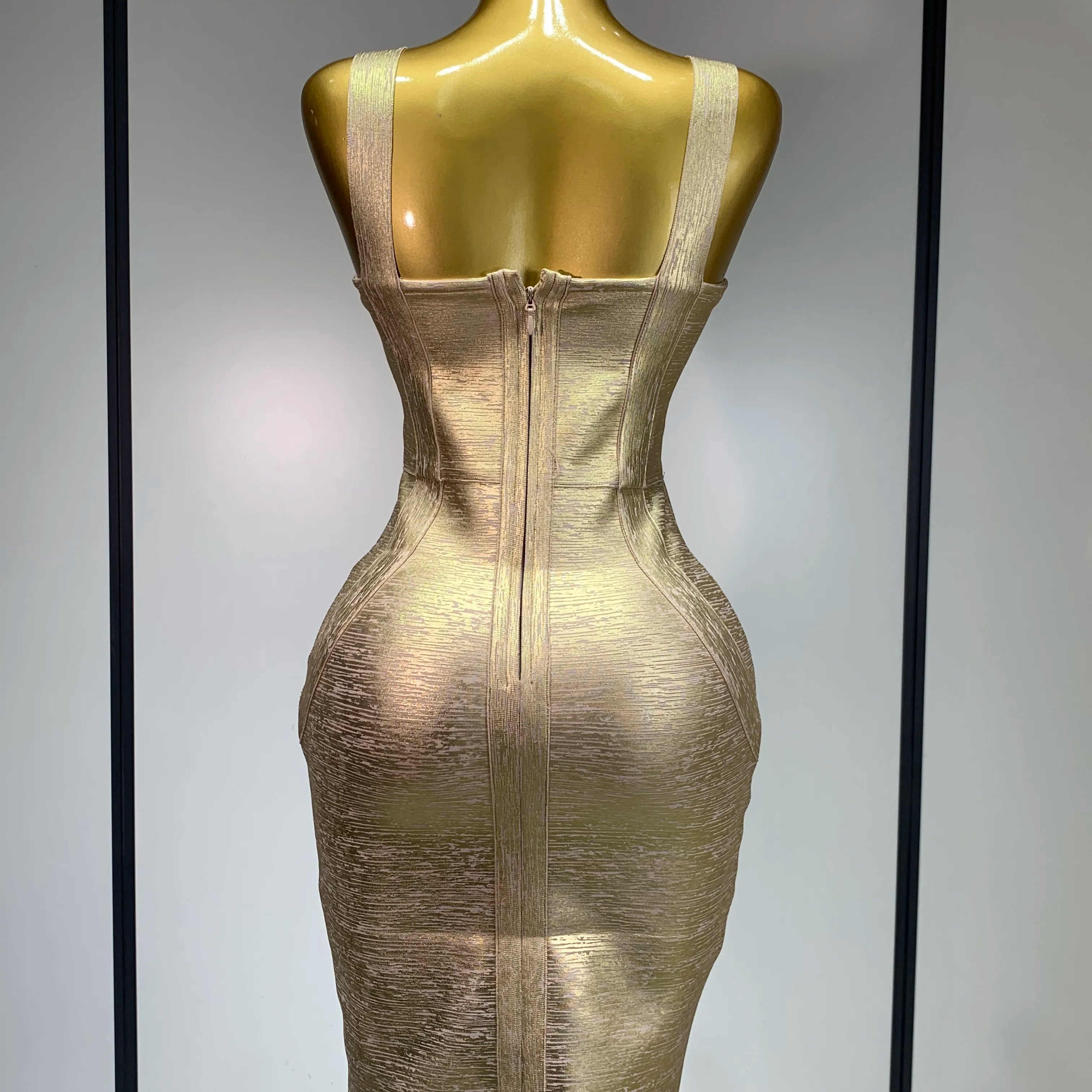 Women Sexy V Neck Bronzing Gold Midi Bodycon Bandage Dress 2025 Celebrity Elegant Evening Club Party Luxury Birthday Dress