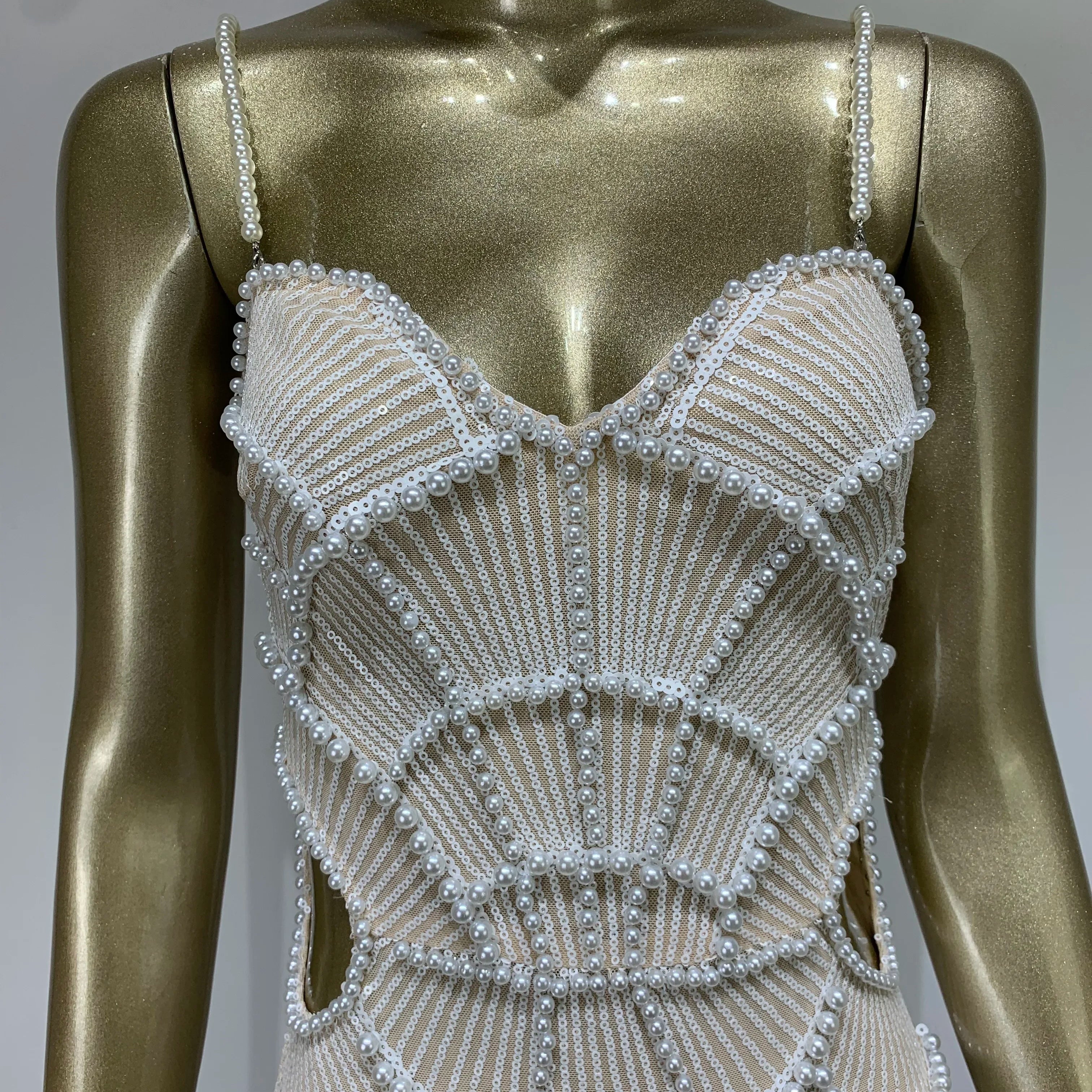 Women Luxury Sexy V Neck White Pearl Beading Cut Out Maxi Long Bodycon Gowns Dress Birthday Elegant Evening Party Club Dress