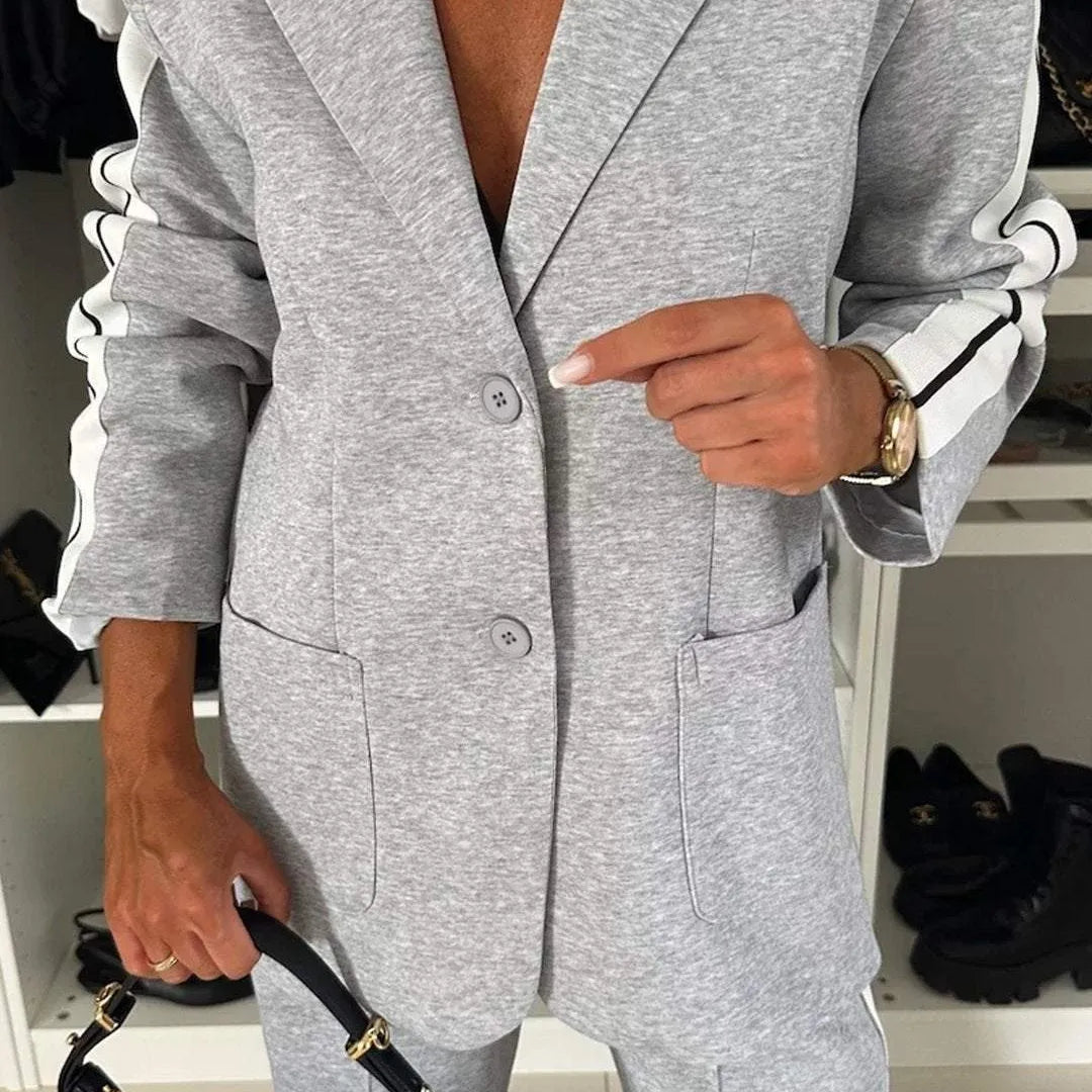 CM.YAYA Elegant Women Pants Suit and Long Sleeve Blazer Matching Set OL Streetwear Two 2 Piece Set 2024 Winter Ribbon Outfits Light Grey