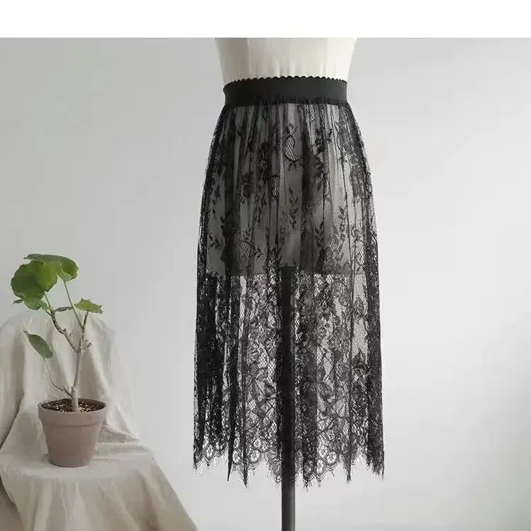 2 Length Elegant Black Skirt White Lace Transparent Long Tulle Skirt Ladies Elastic High Waist Beach Midi Skirt Drop shipping Black 60cm