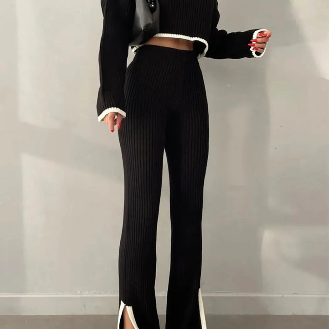 Split Women Knitted Suit O-neck Long Sleeve Cropped Sweater Elastic High Waist Winter 2 Pieces Set For Women 2024 Casual Outfits Black