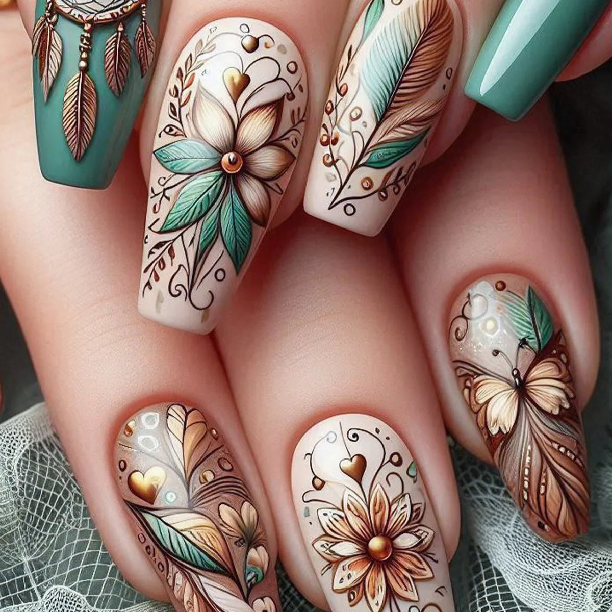 24pcs/set Medium long fake nails for women Spring summer flowers butterfly bee design faux ongles tips press on false nail art 1947