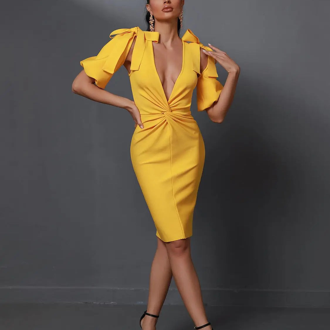 Yellow Bandage Dress Women Sexy Party Dress Bodycon Elegant Draped Deep v Neck Birthday Evening Club Outfits Summer 2023