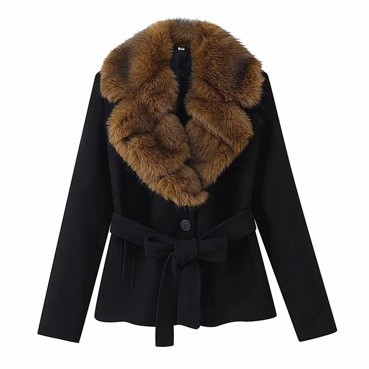 Women New Elegant Faux Fur Coat Women Lace Up Lapel Full Sleeves Fluffy Jackets Fashion Warm Outwears Lady