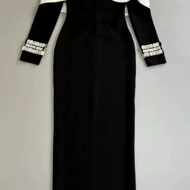 Sexy Off The Shoulder Luxury Diamonds White Patchwork Black Long Bandage Dress Elegant Woman Party Dress Wedding Party Vestido