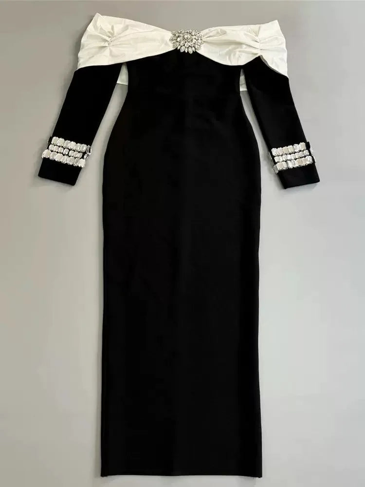Sexy Off The Shoulder Luxury Diamonds White Patchwork Black Long Bandage Dress Elegant Woman Party Dress Wedding Party Vestido