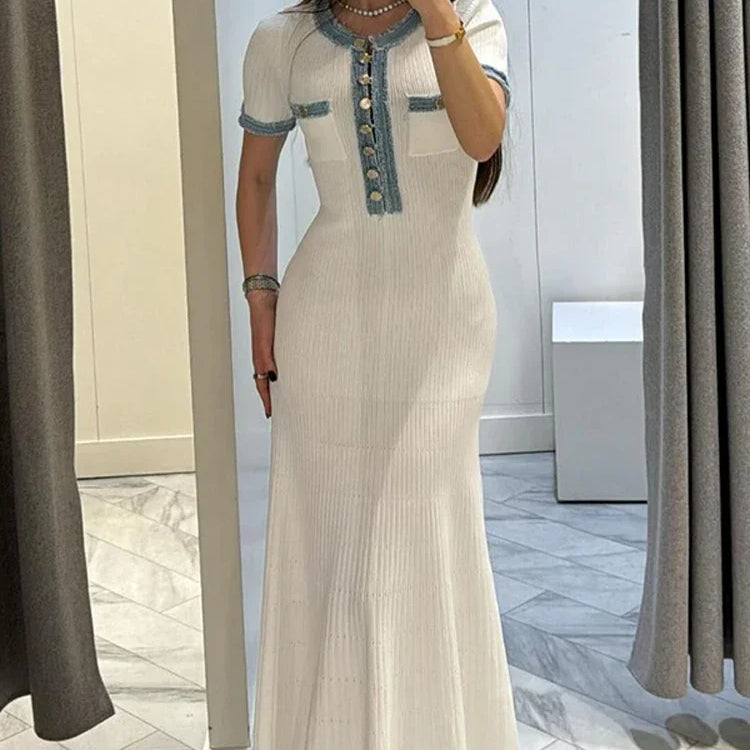 Elegant V Neck Denim Patchwork Knitted Long Dress Women Fashion Short Sleeved Buttons Bodycon Dresses Office Lady Pockets Robes White