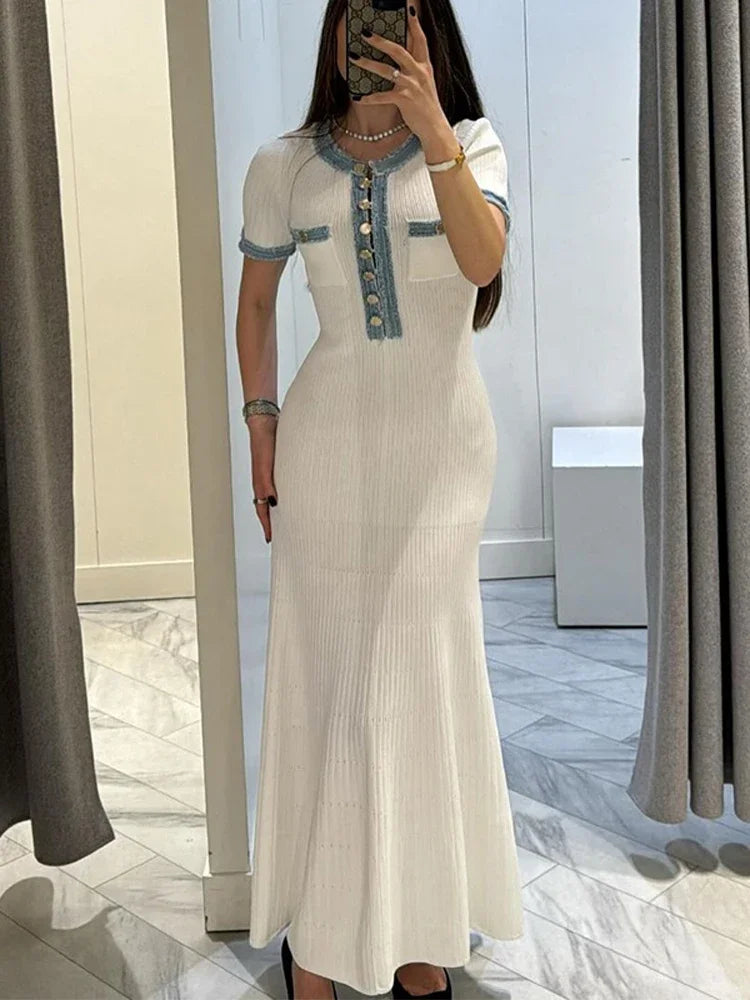 Elegant V Neck Denim Patchwork Knitted Long Dress Women Fashion Short Sleeved Buttons Bodycon Dresses Office Lady Pockets Robes White