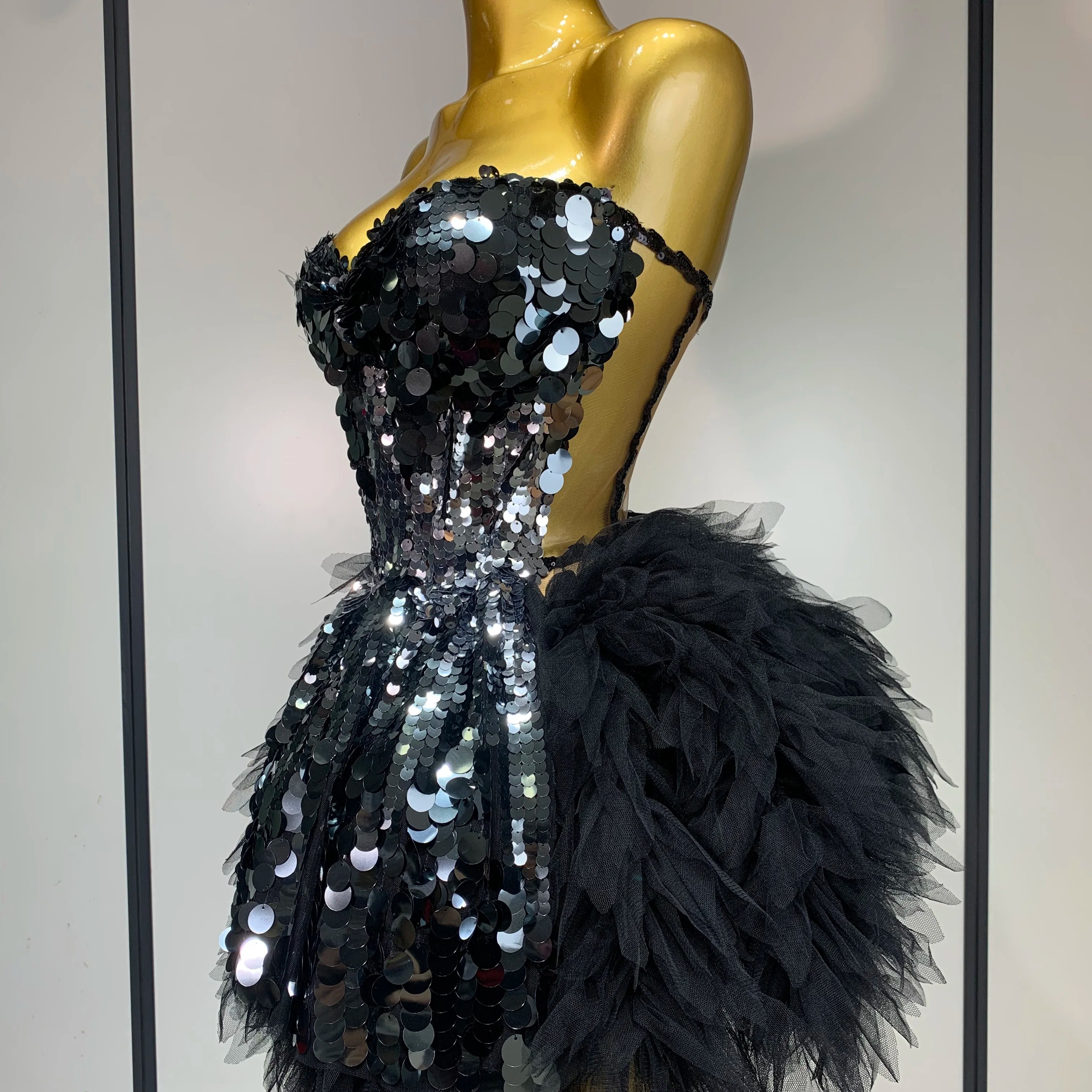 Sparkly Black Sequins Two Pieces Set for Women Party Evening Prom Celebrate Birthday Photo Shoot Dress Nightclub Dance Costume