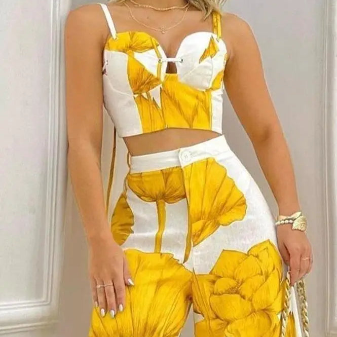 Two Piece Sets Womens Outifits Spring Fashion Plants Print Sleeveless Crop Cami Top & Casual Wide Leg Vacation Pants Set