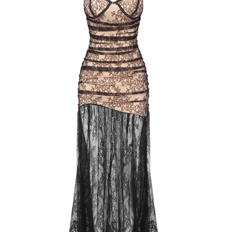 Women Celebrity Sexy Sleeveless Black Mesh Ruched Black Lace Maxi Long Gowns Dress 2024 Elegant Evening Party Club Vestido