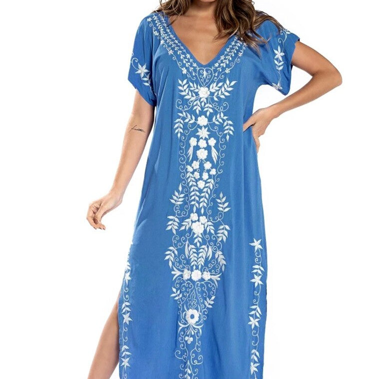 Robe De Plage Embroidery Beach Cover Up Sarong Women Beach Pareo Tunic For Beach Swimwear Blue One Size