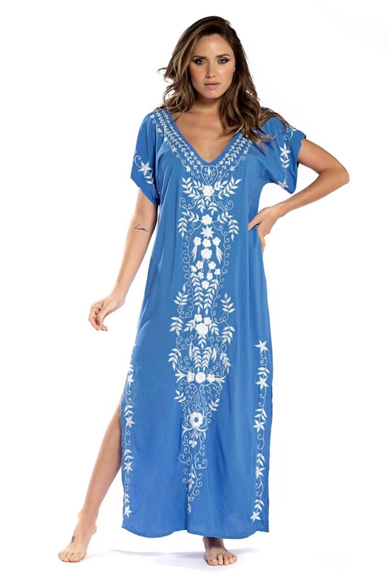 Robe De Plage Embroidery Beach Cover Up Sarong Women Beach Pareo Tunic For Beach Swimwear Blue One Size