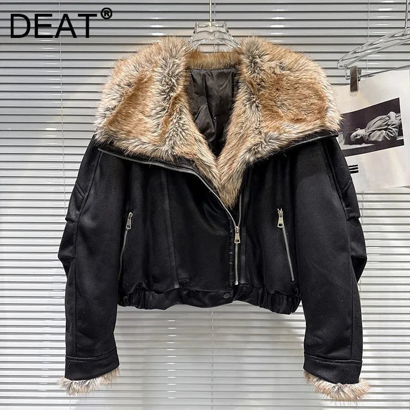 Winter New Fashion Big Fur Collar Suede Cotton Padded Coat For Women Warm Motorcycle Leather Jacket Female 11A07510
