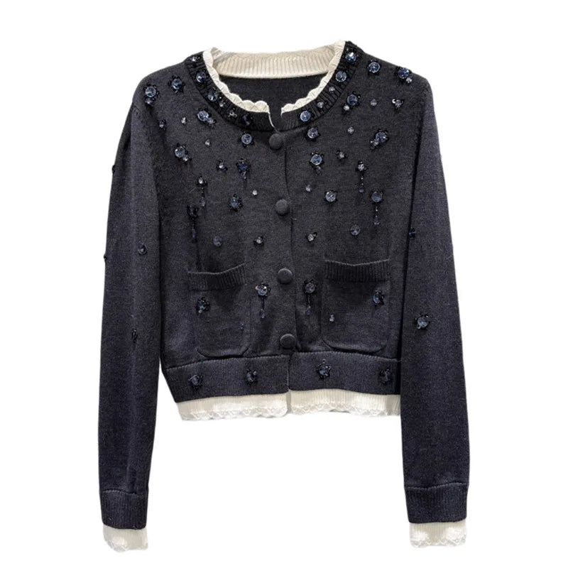 Winter New Fashion Beaded Rhinestone Contrast Color Lace Collar Knitted Cardigan Sweater For Women 11A07845