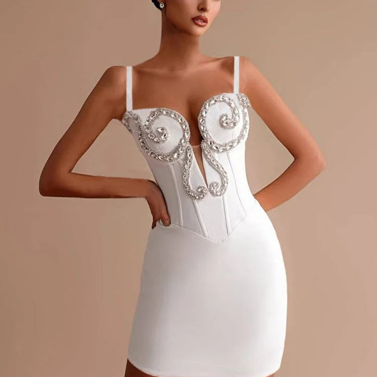VC Luxurious White Strappy Sleeveless Dress with Crystal Details for Galas Evening Wedding Gown