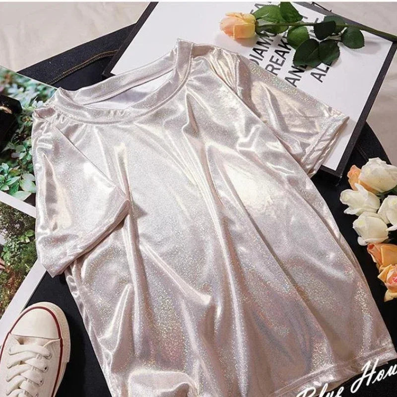 S-5XL Womens Sparkly Shiny Metallic Holographic Round Neck Short Sleeve Casual Loose Top Festival Party Tee Shirt Female Clothes