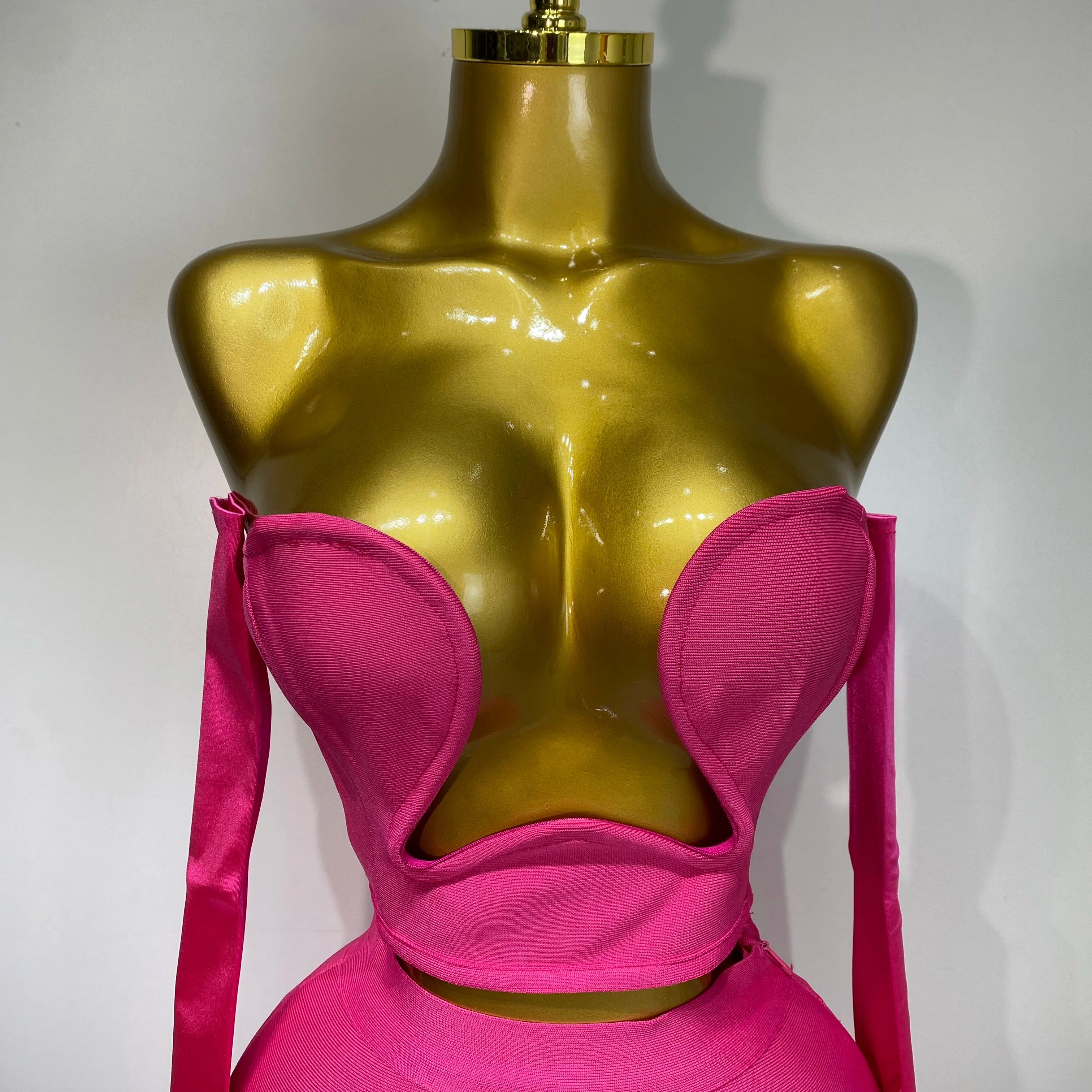 Women Sexy Strapless Backless Hot Pink Glove Pants Bandage Three Piece Suit Celebrity Designer Fashion High Street Pant Suits