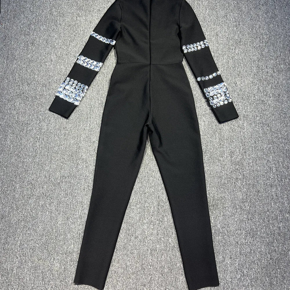 Celebrity Red Carpet Jumpsuit Women Long Sleeve Sexy Big Crystal Bodycon Bandage Jumpsuit Nightclub Party Celebrate Wear