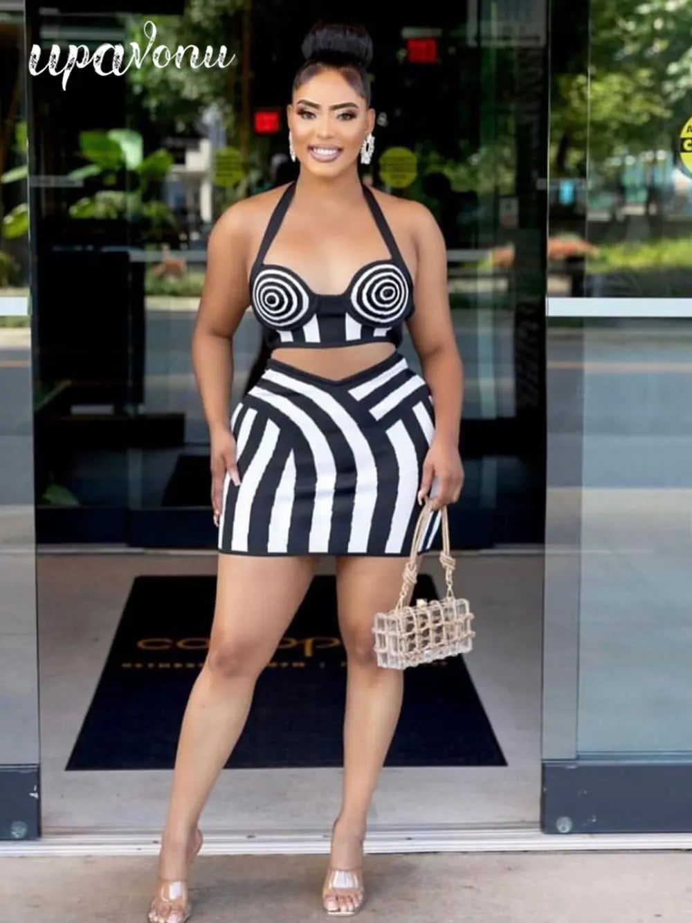 2024 Sexy Women'S Striped Short Skirt Set Hanging Neck Style Sleeveless Backless Ultra Short Vest Top+Mini Skirt Two-Piece Set black