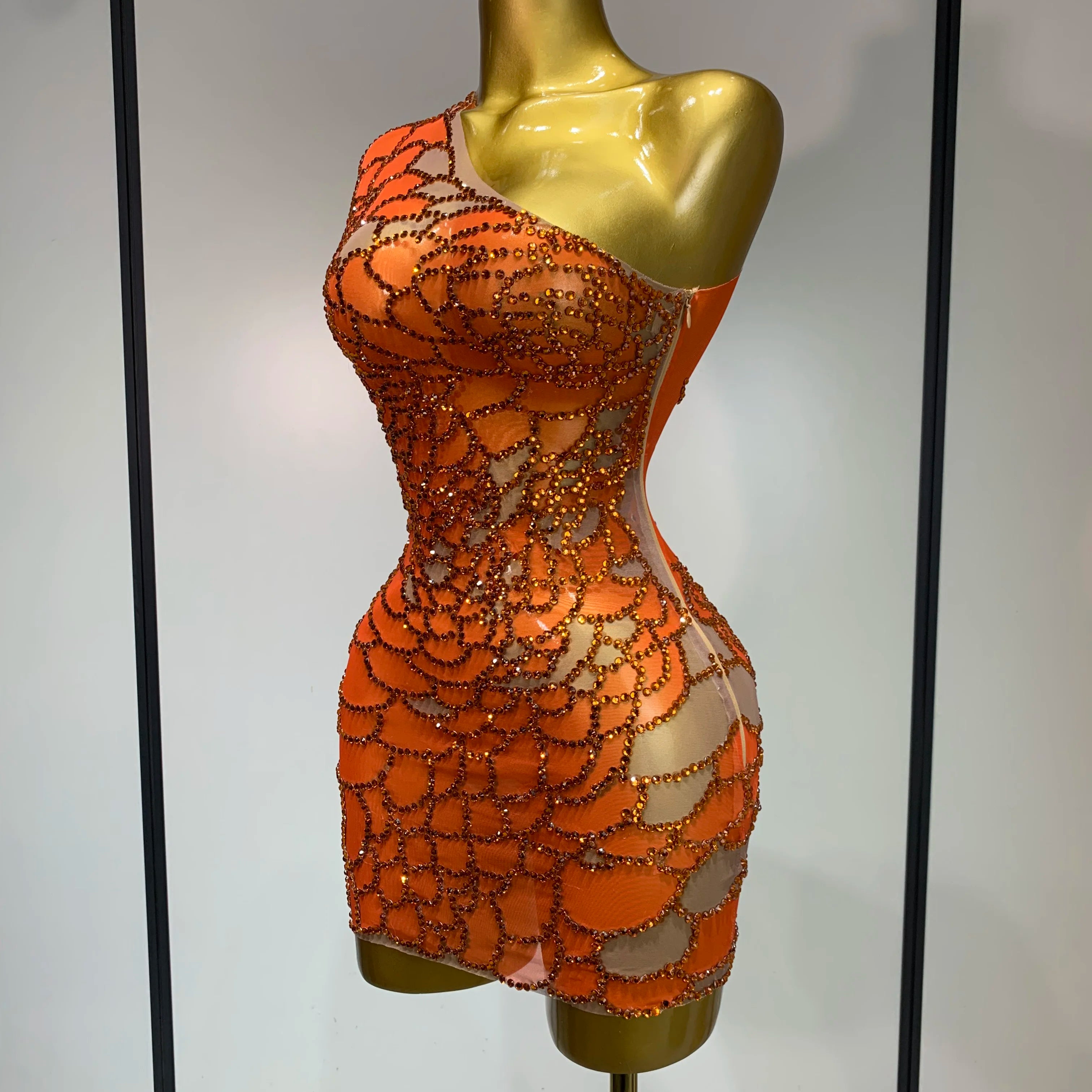 Women Sexy Mesh See Through One Shoulder Rhinestones Stage Costume Singer Nightclub Evening Party Luxury Birthday Mini Dresses