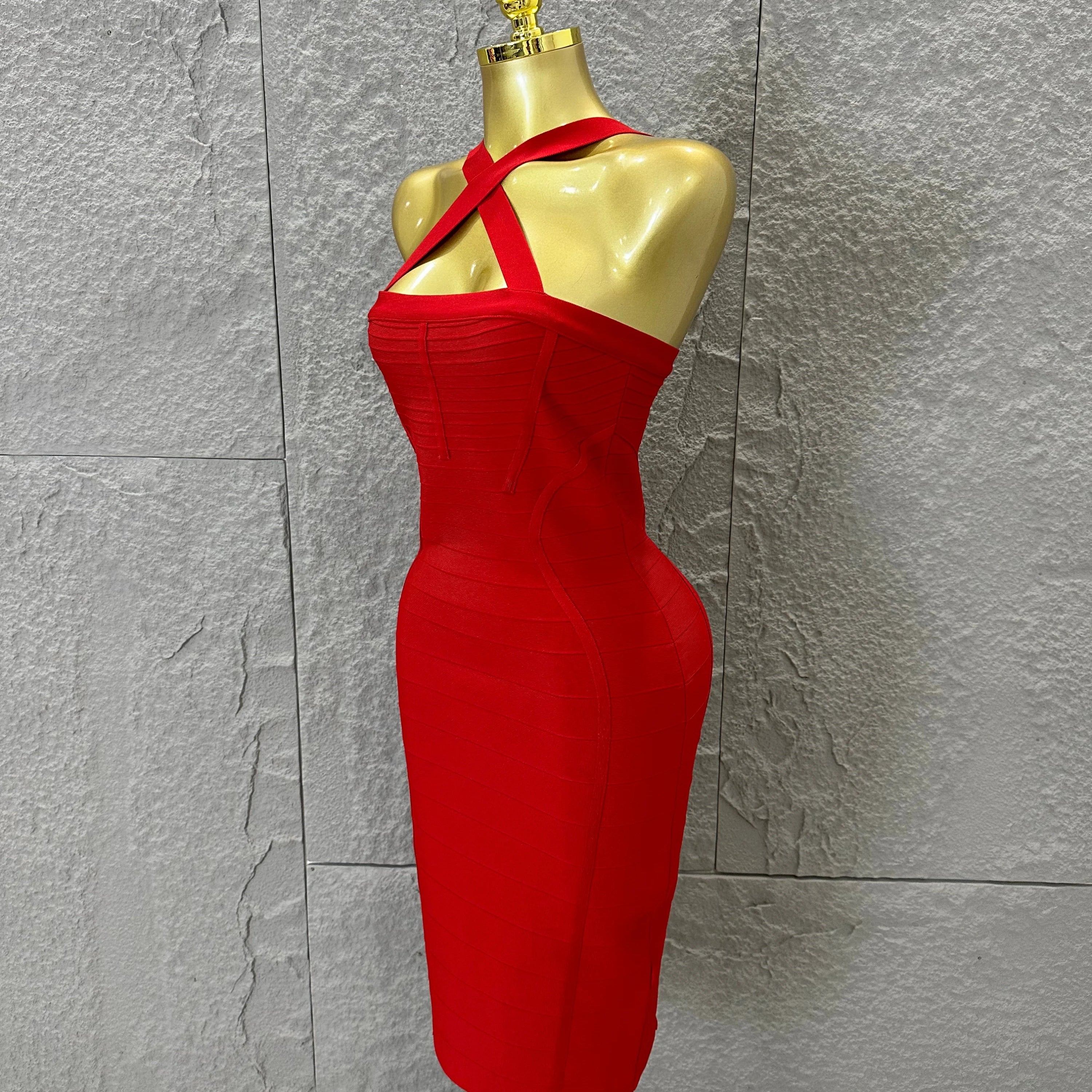 Elegant Red Halter Neck Mini Dress Women Sexy Criss Cross Strap Bandage Form-Fitting Outfit Cocktail Party Costume