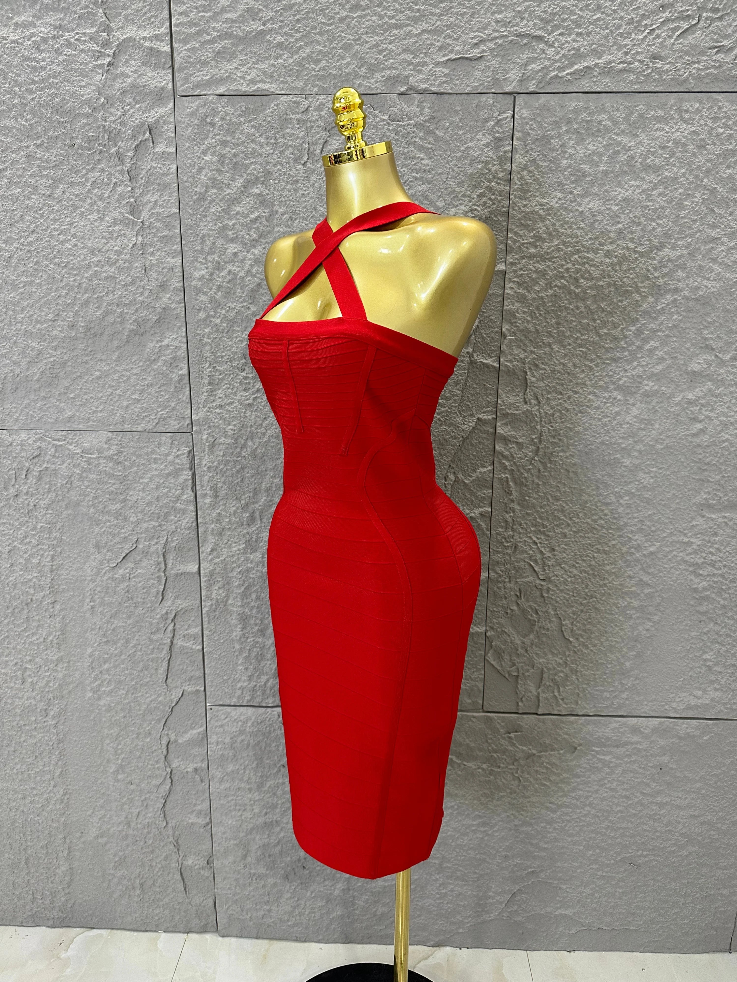 Elegant Red Halter Neck Mini Dress Women Sexy Criss Cross Strap Bandage Form-Fitting Outfit Cocktail Party Costume