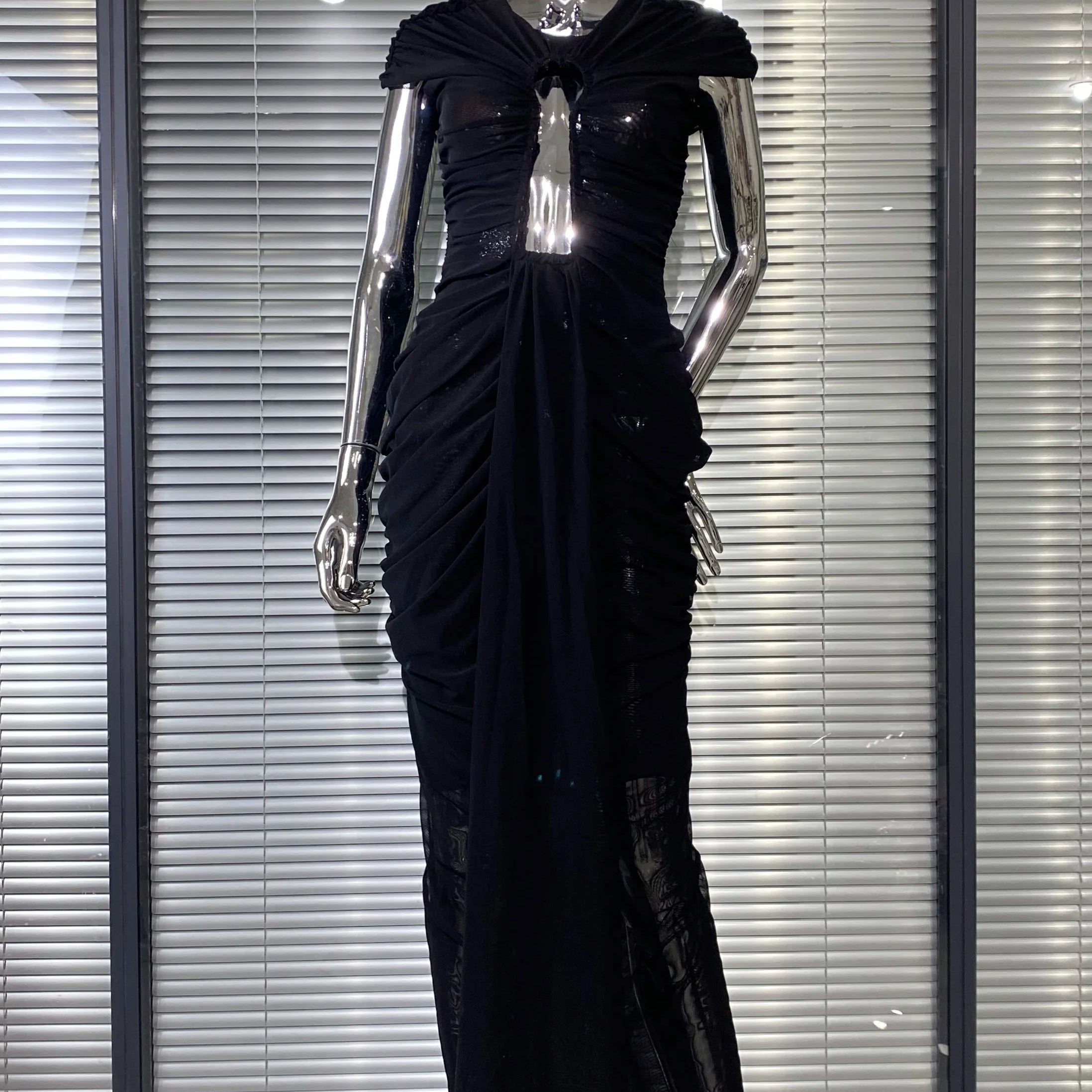 New Sexy Hollow Out SeeThrough Mesh Ankle Leng Evening Dress Fashion Woman Birthday Party Vestido Celebrity Evening Party Outfit