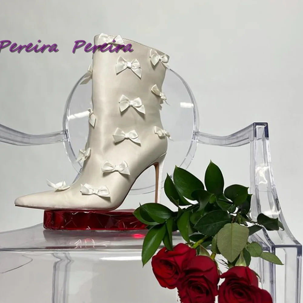 White Satin Butterfly-Knot Boots Pointed Toe Mid Calf Botas Stiletto Shoes Gentle Concise Autumn Winter 2025 Women Dress Zapatos