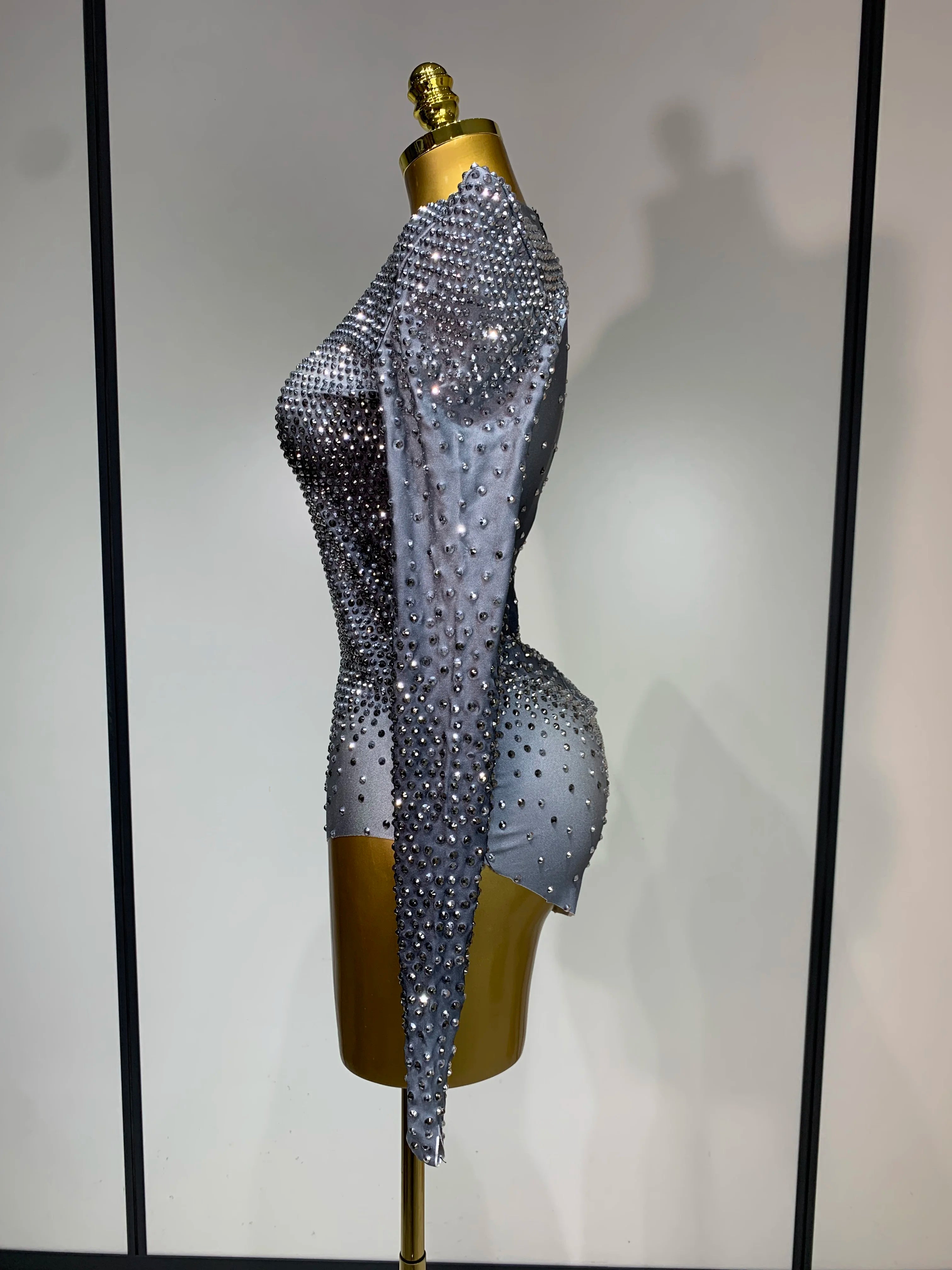 Sparkle Silver Rhinestones Stretch Bodysuits 2025 Women Luxury Birthday Evening Party Sexy Nightclub Singer Stage Costume