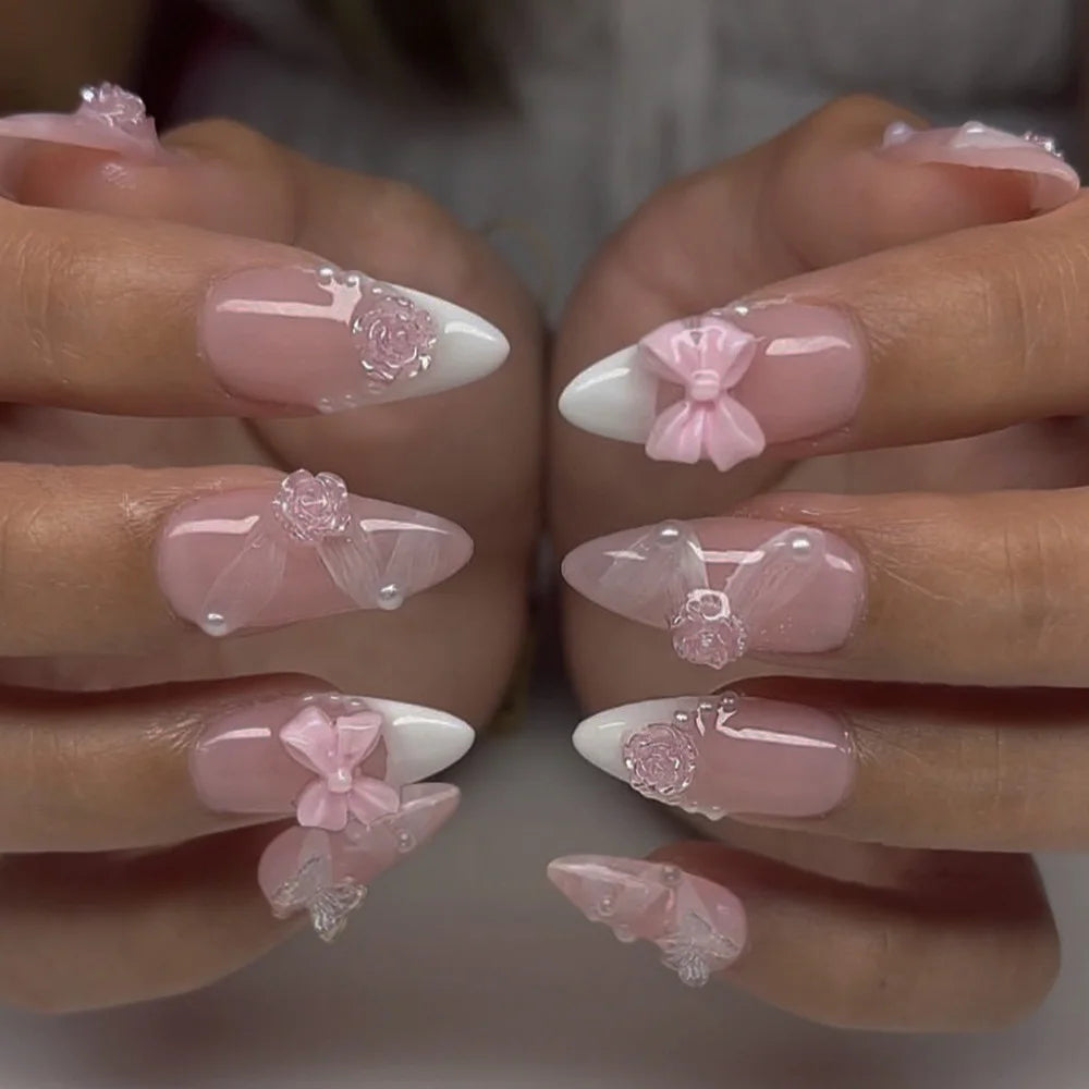 24pcs/set Short Medium fake nails for women girls 3D cute pink bow flowers leopard french square almond tips press on false nail 2604