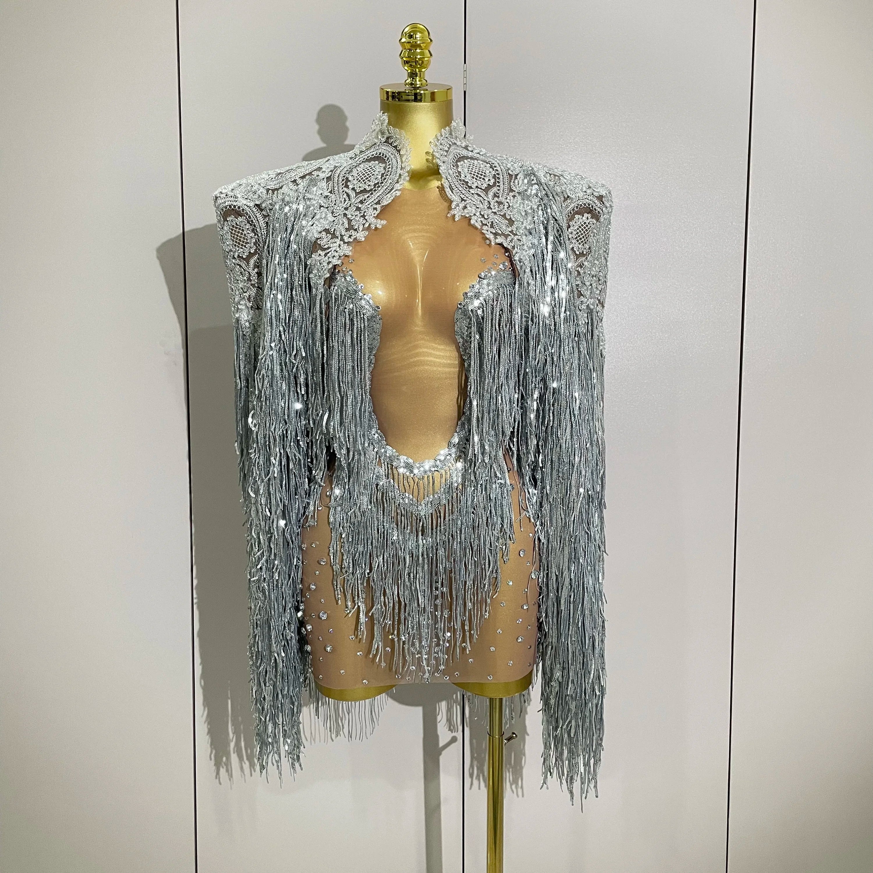 Luxury Sparkly Rhinestone Sequin Tassel Coat Skirt 2Pcs Women Birthday Party Nightclub Stage Performance Costume