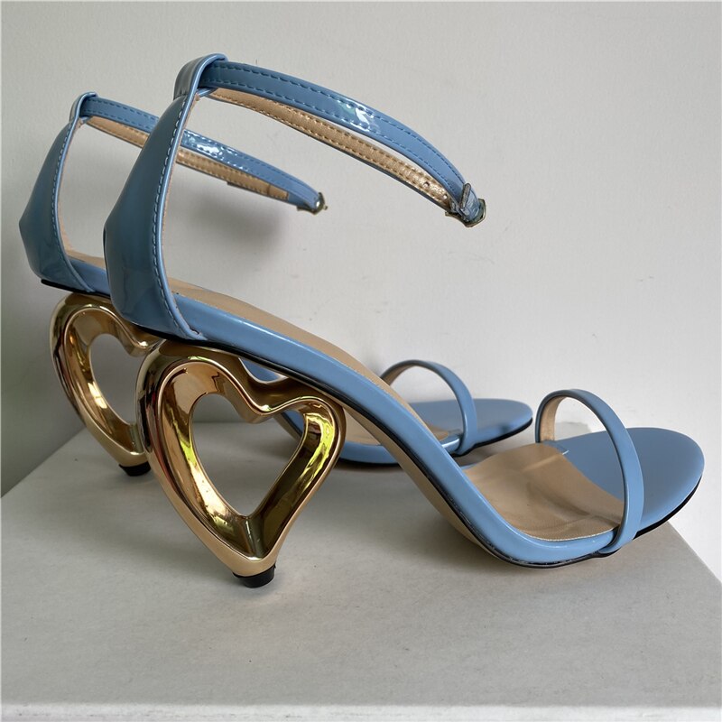 Unique Fretwork Heart-Shaped Heel Sandals Women 2024 Concise One-strap Strange Heels Summer Party Shoes Woman Sky Blue