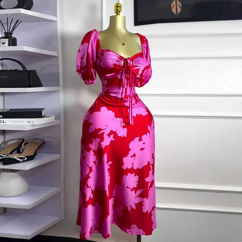 Women Floral Printed Lantern Half Sleeve Tie Up Long Maxi Dress 2025 Birthday Evening Sexy club Party Dresses Vestidos red flower