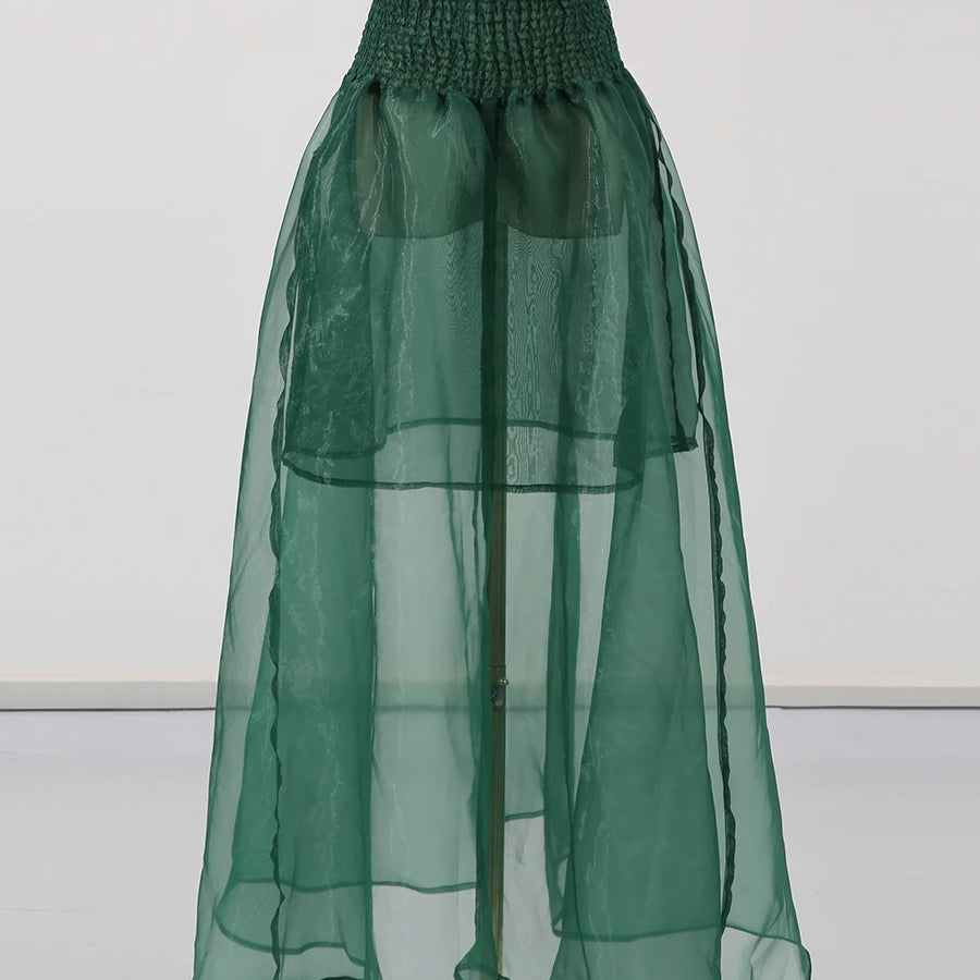 Solid Sheer Two Piece Sets for Women Round Neck Long Sleeves Spliced Bowknot Top High Waist Skirt Set Female New