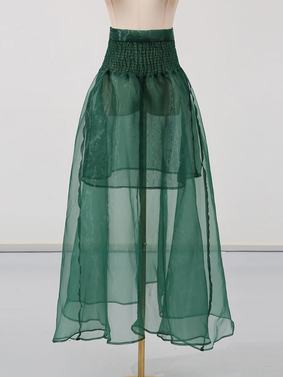 Solid Sheer Two Piece Sets for Women Round Neck Long Sleeves Spliced Bowknot Top High Waist Skirt Set Female New