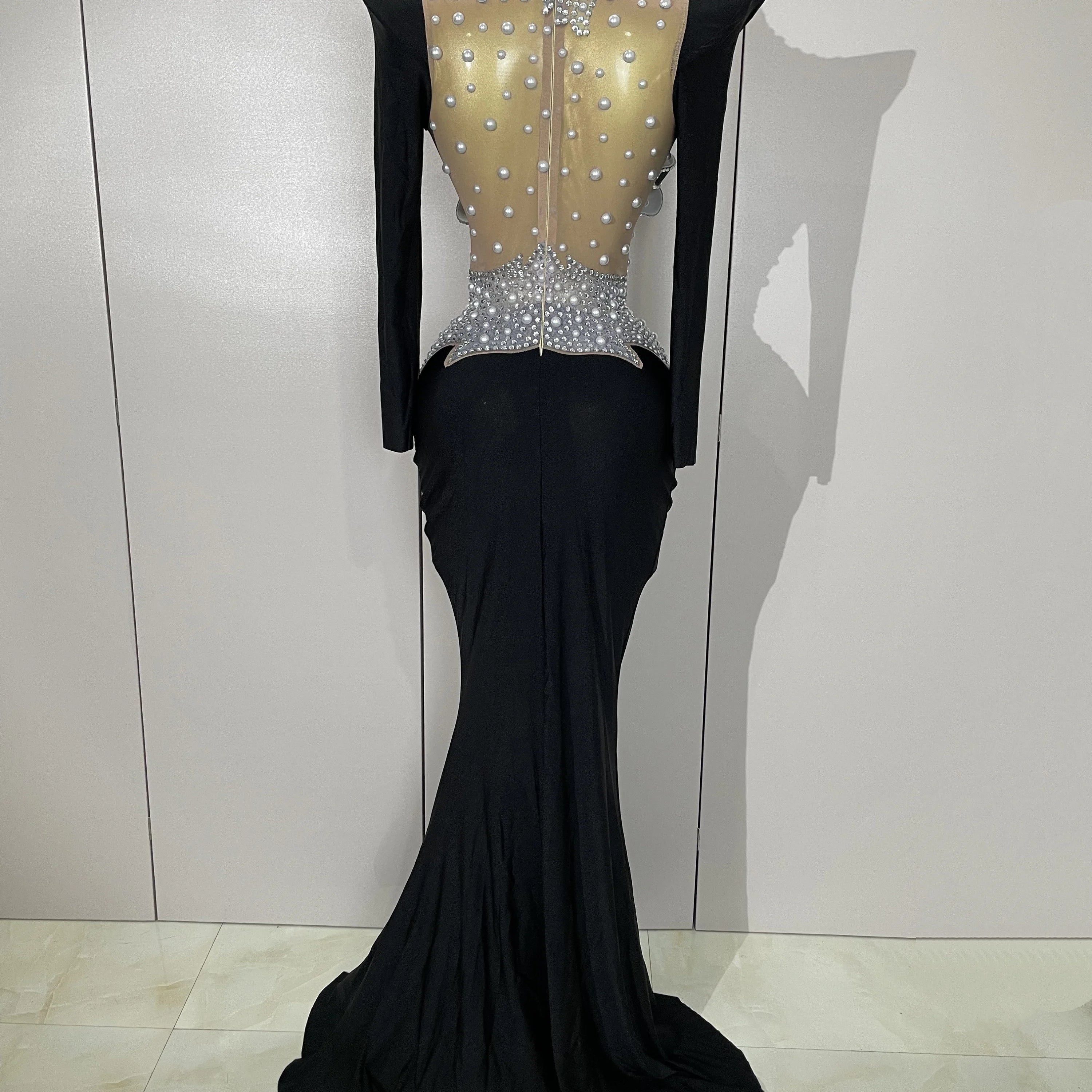 Sparkly Diamonds Pearl Black Sexy See Through Mesh Long Dress Women Wedding Evening Luxury Birthday Party Stage Photoshoot Dress