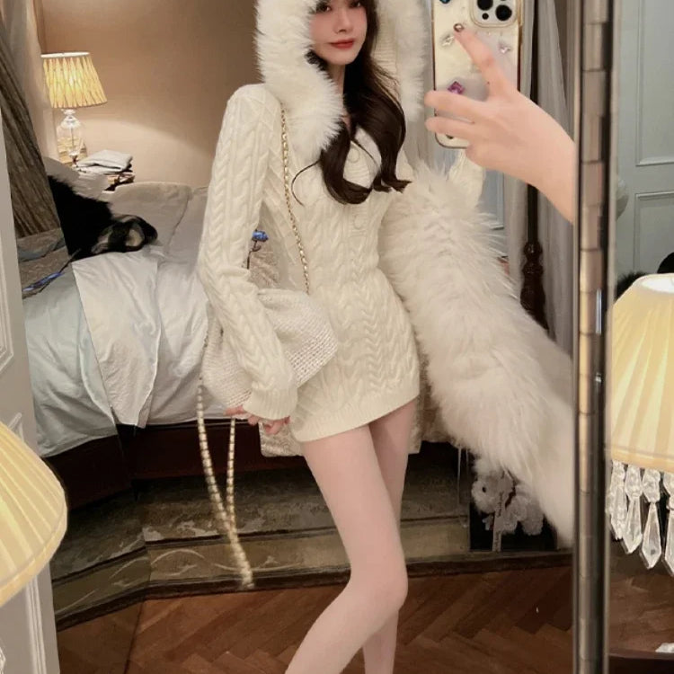 2023 Winter Knitted Sweater Dress with Hooded Women Slim Bodycon Y2k Mini Dress Faux Fur Female One Piece Dress Korean Elegant
