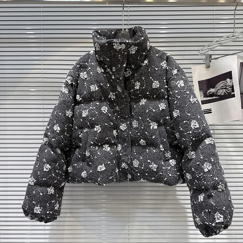 Winter New Fashion Style Sequin Flower Tweed Warm Jacket For Women Loose Cotton-padded Coat Female Trend 11A07496 Gray One Size
