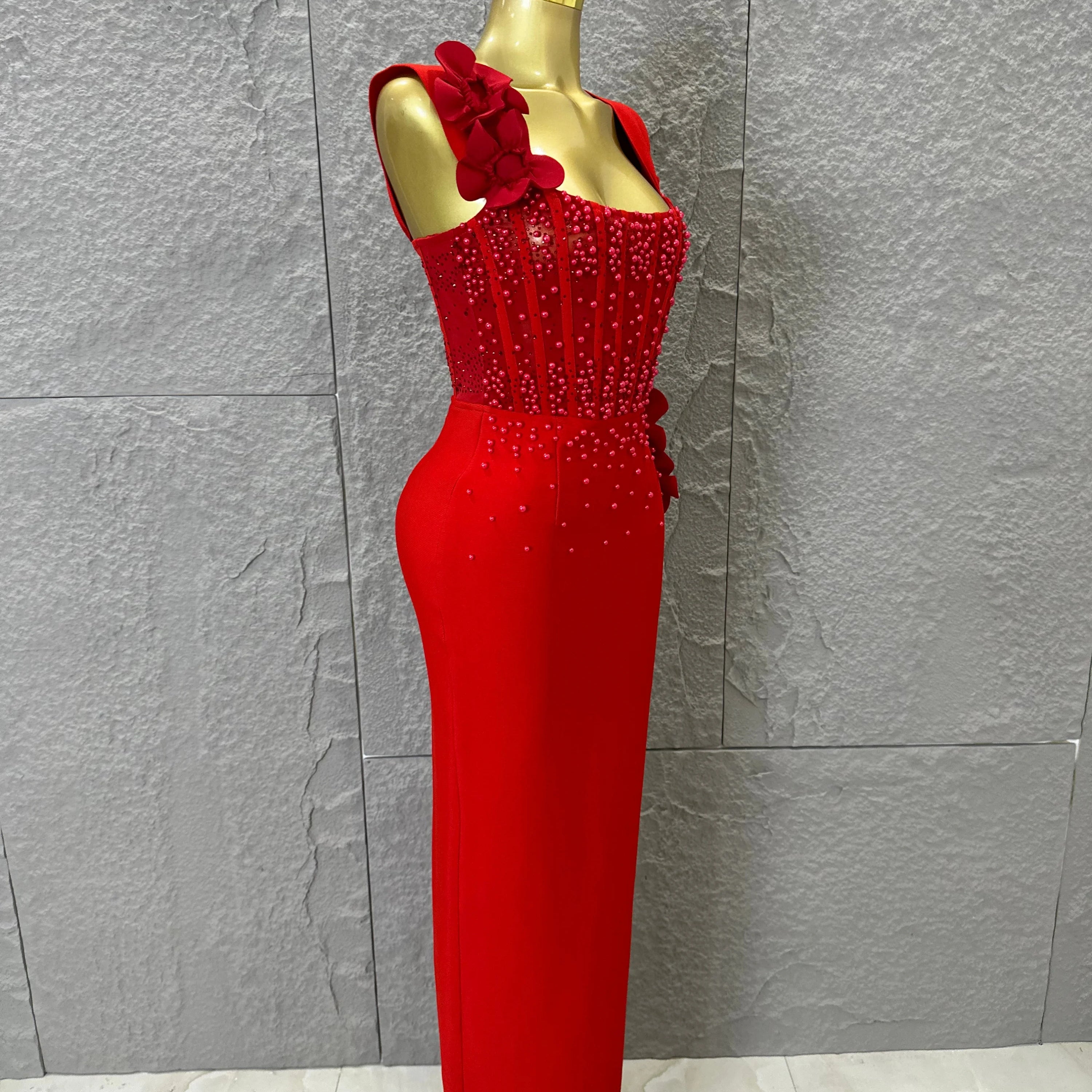 Women Sexy Sheer Mesh Corset Beaded 3D Floral Applique Form-Fitting Outfit Formal Event Party Costum Red Square Neck Maxi Dress