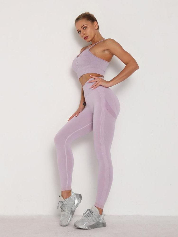 Women's Sets Skinny Tracksuit Breathable Bra Long Sleeve Top Seamless Outfits High Waist Push Up Leggings Gym Clothes Sport Suit Bra Set Light Purple