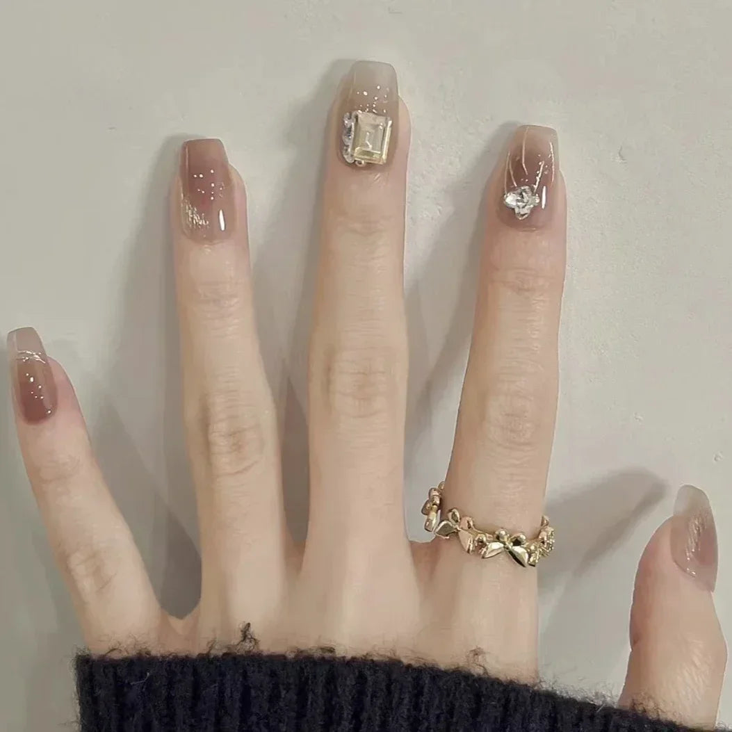 Shiny Crystal Glitter Powder Cat Eye Rhinestone Pearl Short Fake Nails Art Korean False Nails Zircon DIY Press on Nails Manicure MT2339GN020