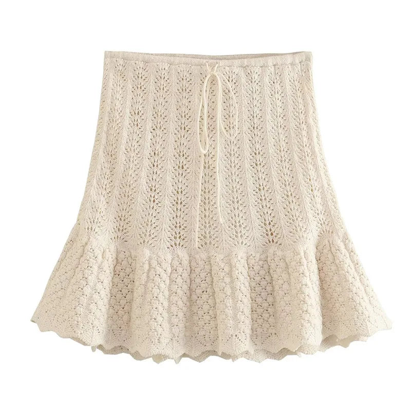 Women Knit Mesh Jacquard Skirts Sets Sweet Hollow Out O-neck Sleeveless Vest Top Summer A-Line Drawstring Mini Skirt Outfit Skirts
