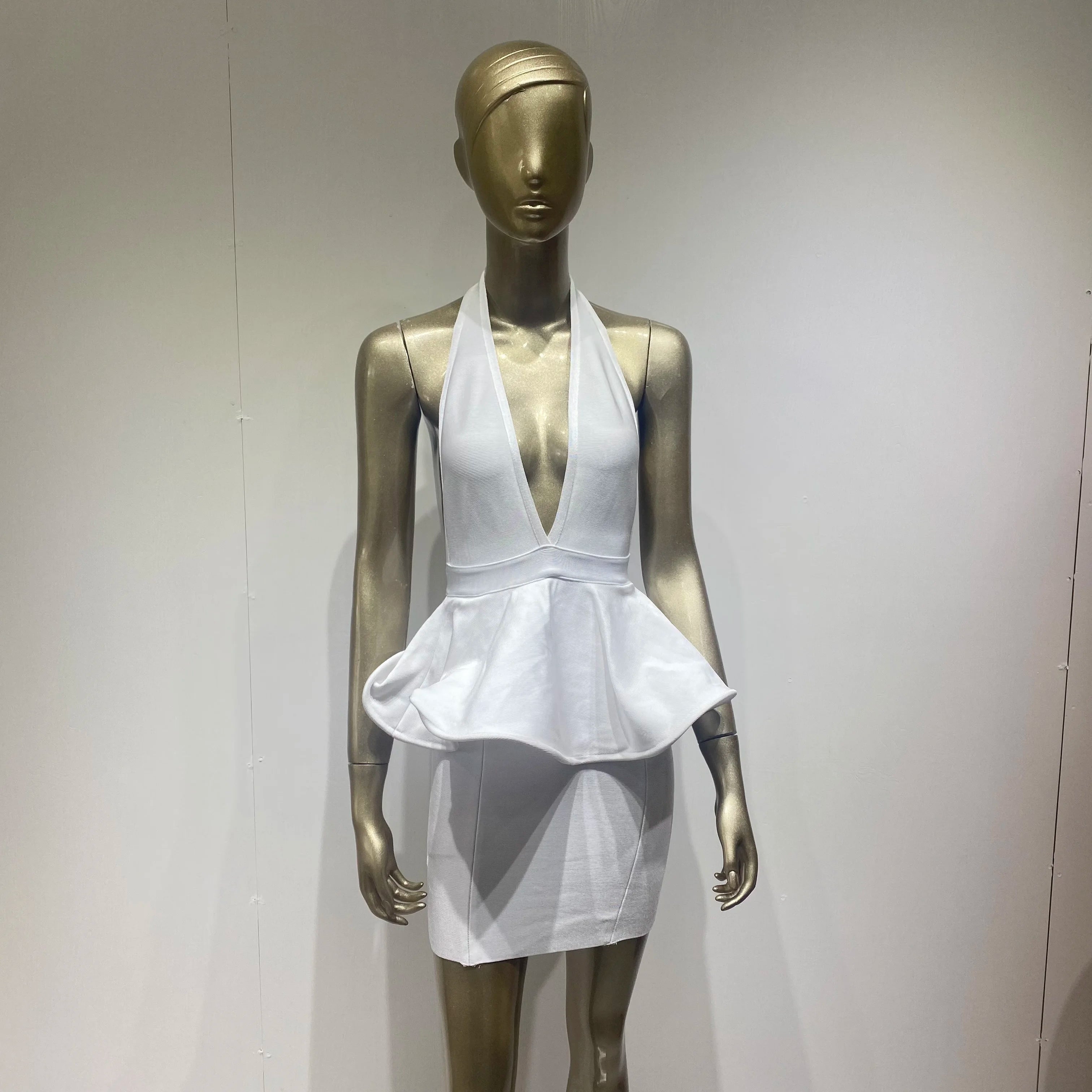 Celebrity White Backless V-neck Ruffles Rayon Bandage Dress Evening Party Dress Vestidos